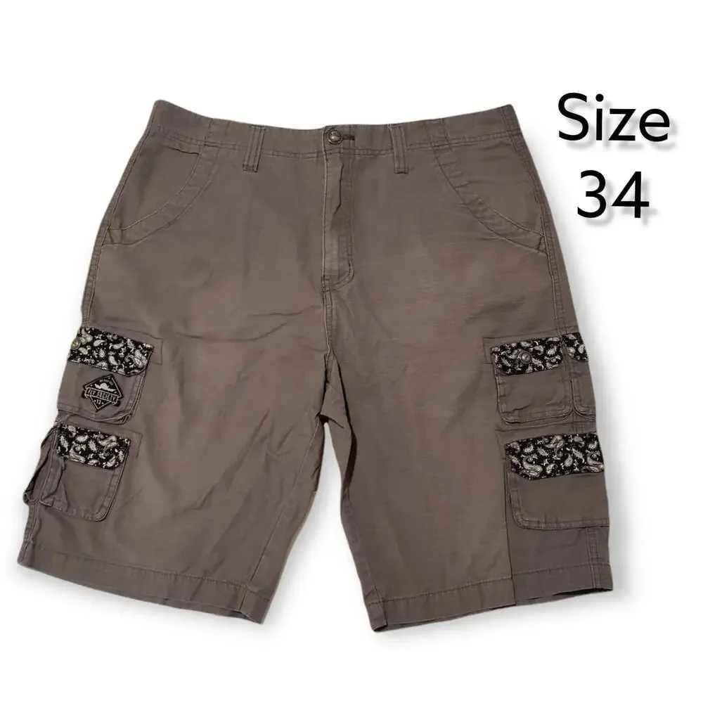 Fly Society Gray w. Black & White Floral Trim Multi Pocket Cargo Shorts Size 34